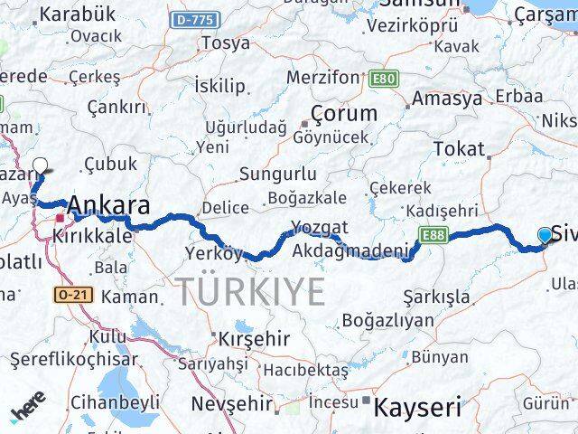 Sivas Kahramankazan Ankara Arası Kaç Km - Yol Haritası
