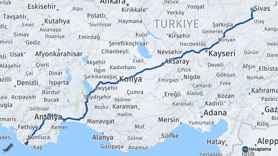 Sivas Kalkan Kaş Antalya Arası Kaç Km - Yol Haritası
