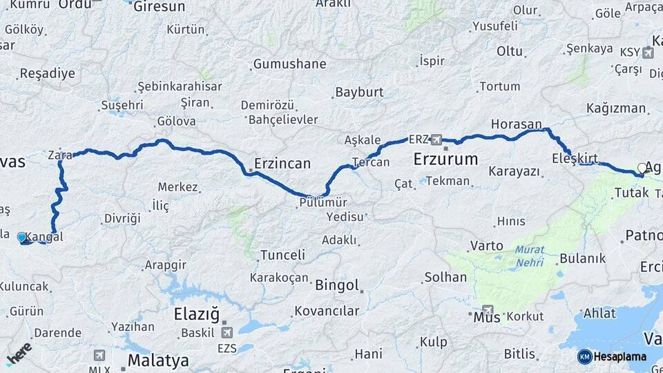 Sivas Kangal Ağrı Arası Kaç Km - Yol Haritası