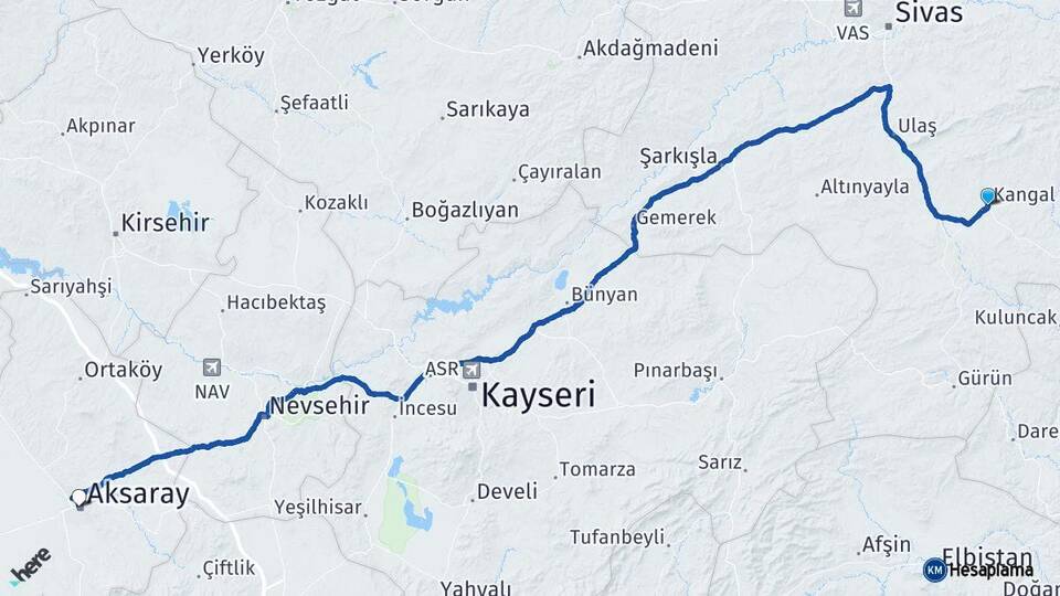 Sivas Kangal Aksaray Arası Kaç Km - Yol Haritası