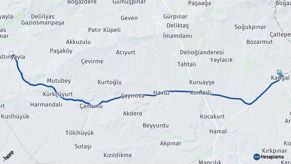 Sivas Kangal Altınyayla Arası Kaç Km - Yol Haritası