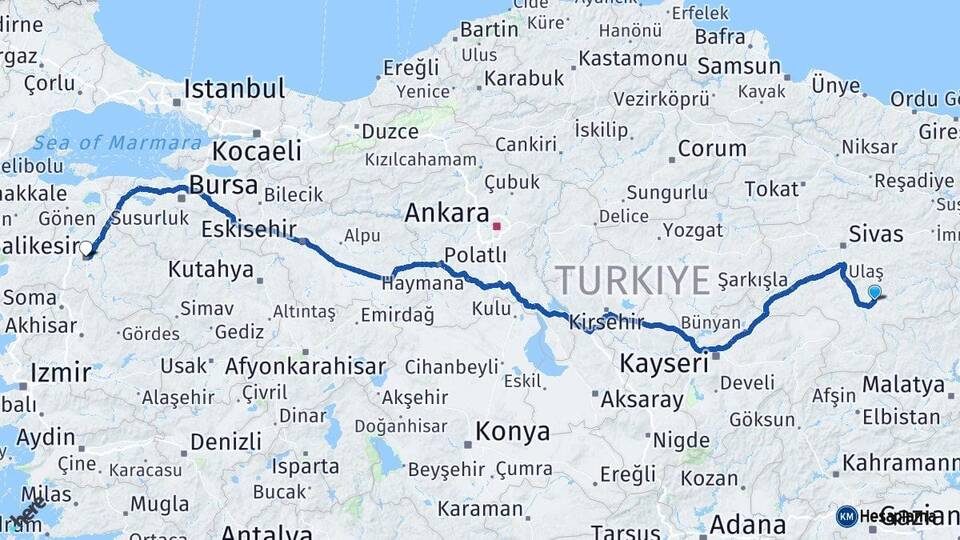 Sivas Kangal Balıkesir Arası Kaç Km - Yol Haritası