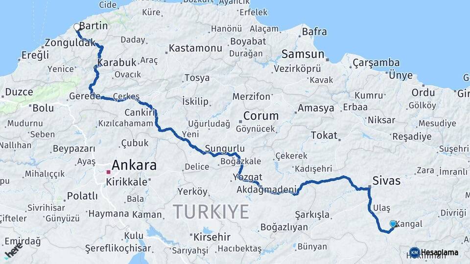 Sivas Kangal Bartın Arası Kaç Km - Yol Haritası