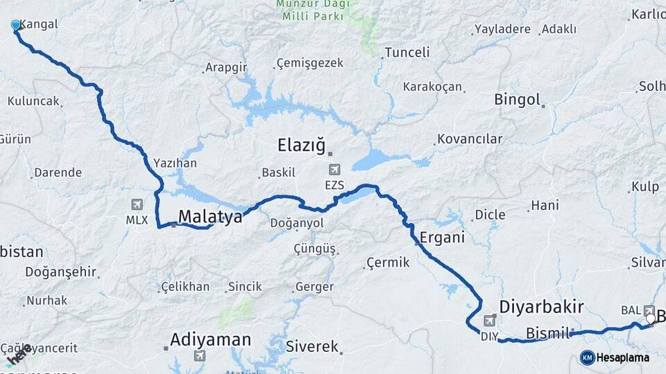 Sivas Kangal Batman Arası Kaç Km - Yol Haritası