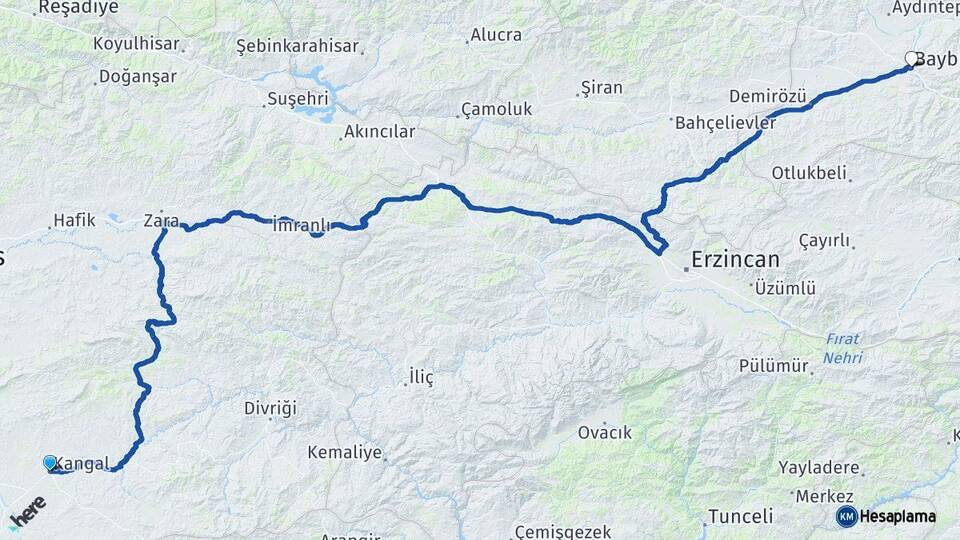 Sivas Kangal Bayburt Arası Kaç Km - Yol Haritası