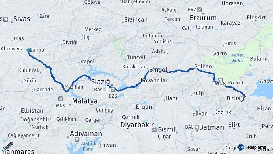 Sivas Kangal Bitlis Arası Kaç Km - Yol Haritası