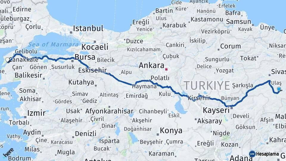 Sivas Kangal Çanakkale Arası Kaç Km - Yol Haritası