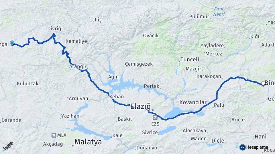 Sivas Kangal Çetinkaya Bingöl Arası Kaç Km - Yol Haritası