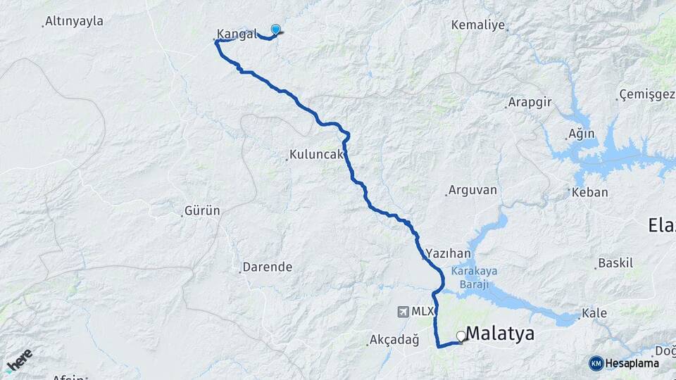 Sivas Kangal Çetinkaya Malatya Arası Kaç Km - Yol Haritası