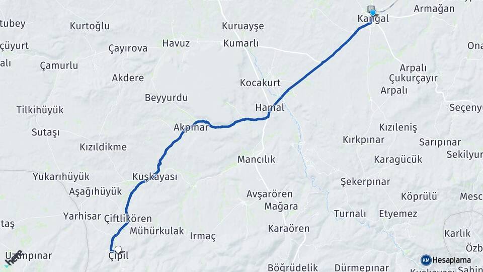 Sivas Kangal Çipil Kangal Arası Kaç Km - Yol Haritası