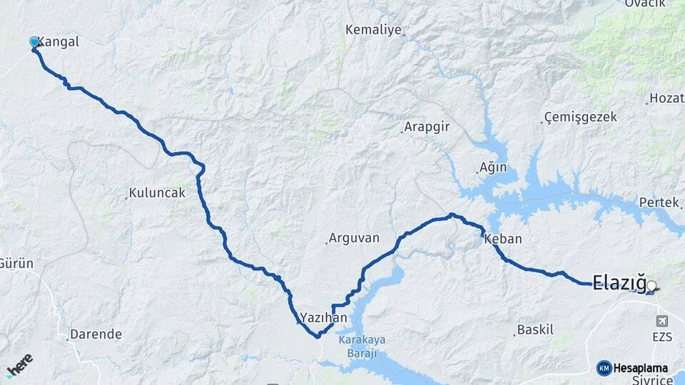 Sivas Kangal Elazığ Arası Kaç Km - Yol Haritası