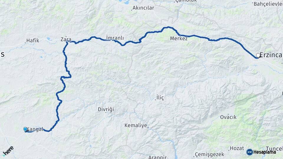 Sivas Kangal Erzincan Arası Kaç Km - Yol Haritası