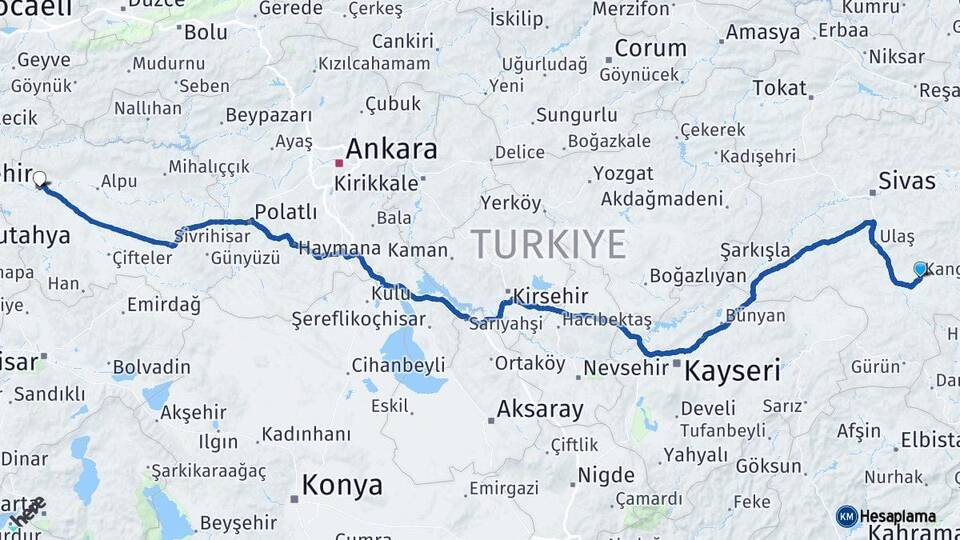 Sivas Kangal Eskişehir Arası Kaç Km - Yol Haritası