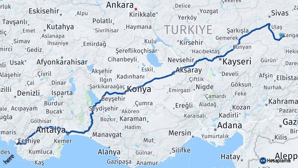 Sivas Kangal Fethiye Muğla Arası Kaç Km - Yol Haritası