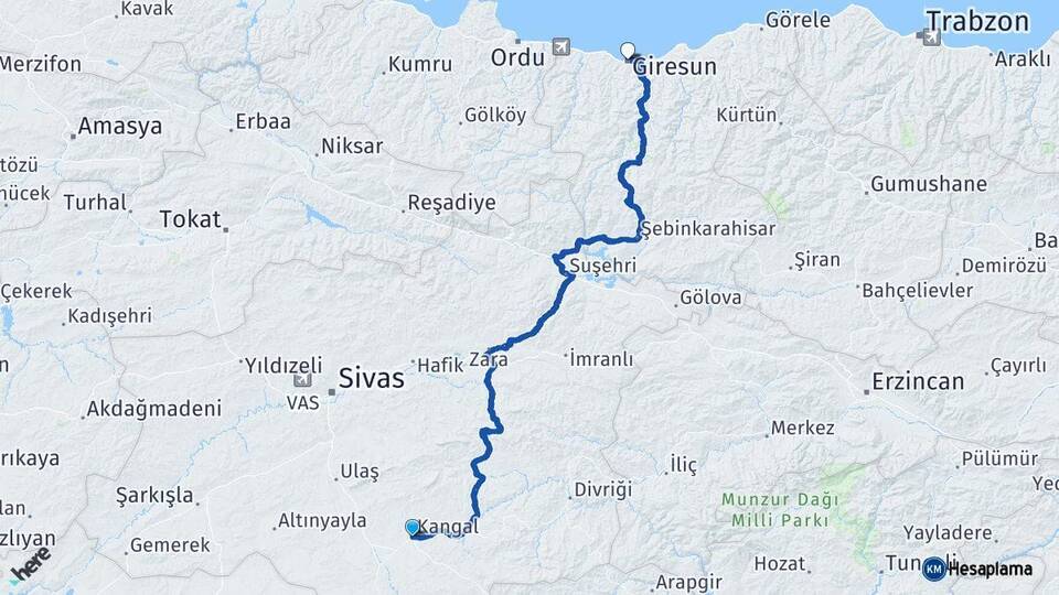 Sivas Kangal Giresun Arası Kaç Km - Yol Haritası