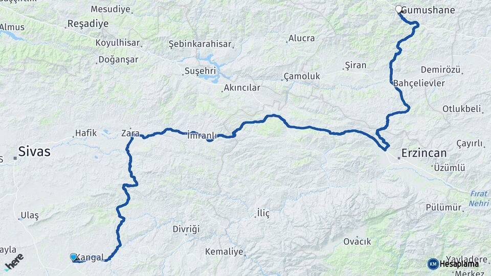 Sivas Kangal Gümüşhane Arası Kaç Km - Yol Haritası
