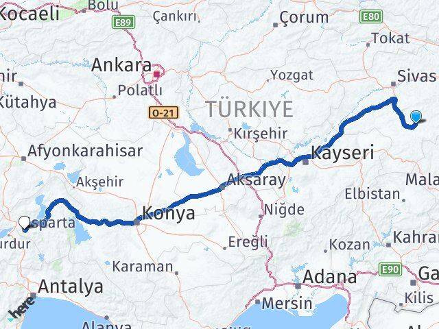 Sivas Kangal Isparta Arası Kaç Km - Yol Haritası