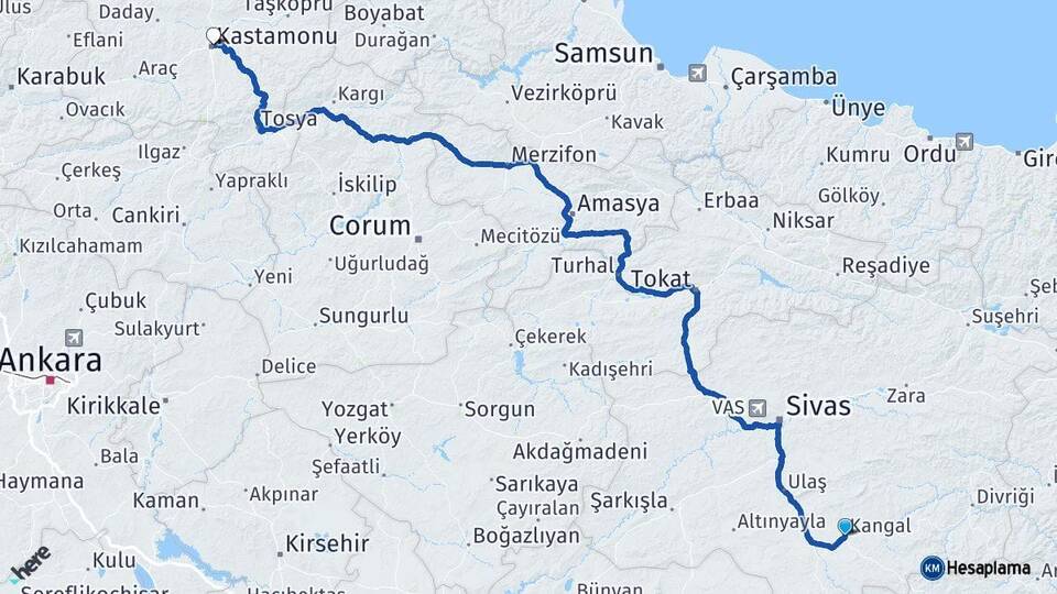 Sivas Kangal Kastamonu Arası Kaç Km - Yol Haritası
