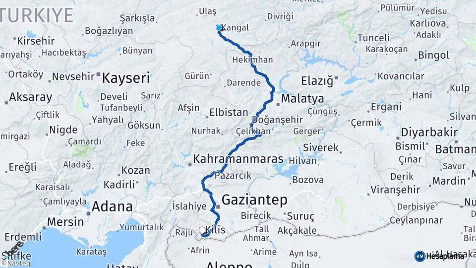 Sivas Kangal Kilis Arası Kaç Km - Yol Haritası