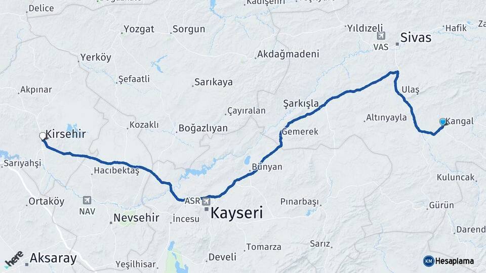 Sivas Kangal Kırşehir Arası Kaç Km - Yol Haritası