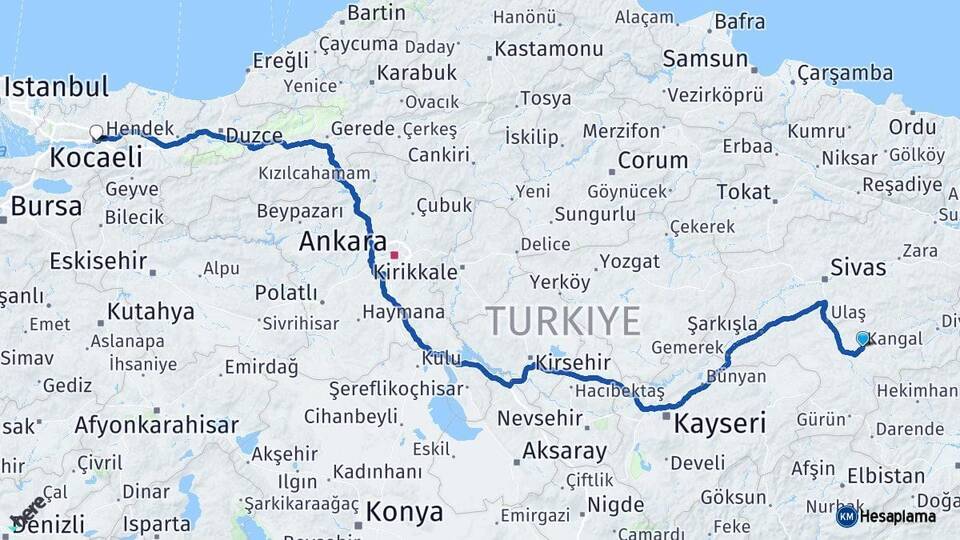 Sivas Kangal Kocaeli Arası Kaç Km - Yol Haritası