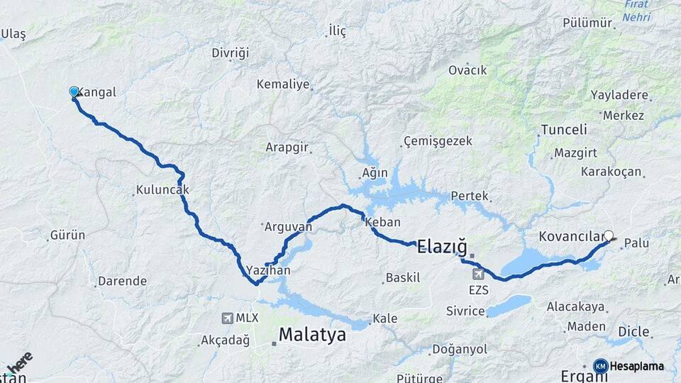 Sivas Kangal Kovancılar Elazığ Arası Kaç Km - Yol Haritası