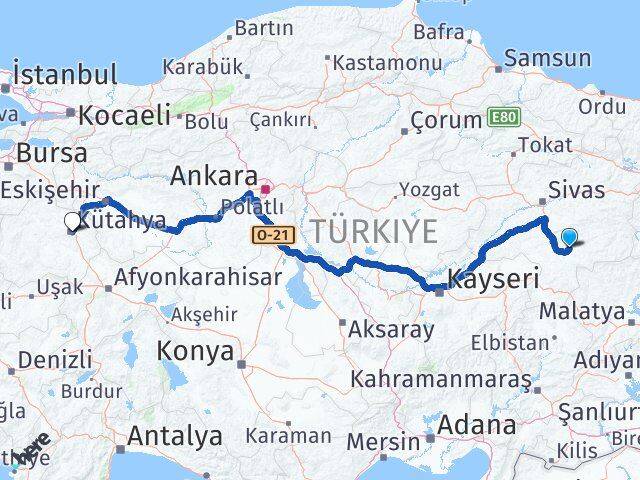 Sivas Kangal Kütahya Arası Kaç Km - Yol Haritası