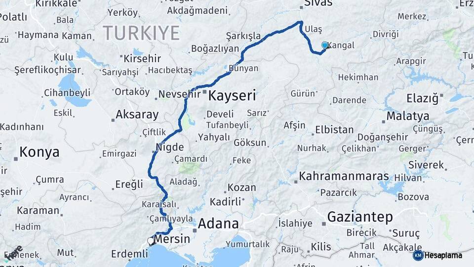 Sivas Kangal Mersin Arası Kaç Km - Yol Haritası