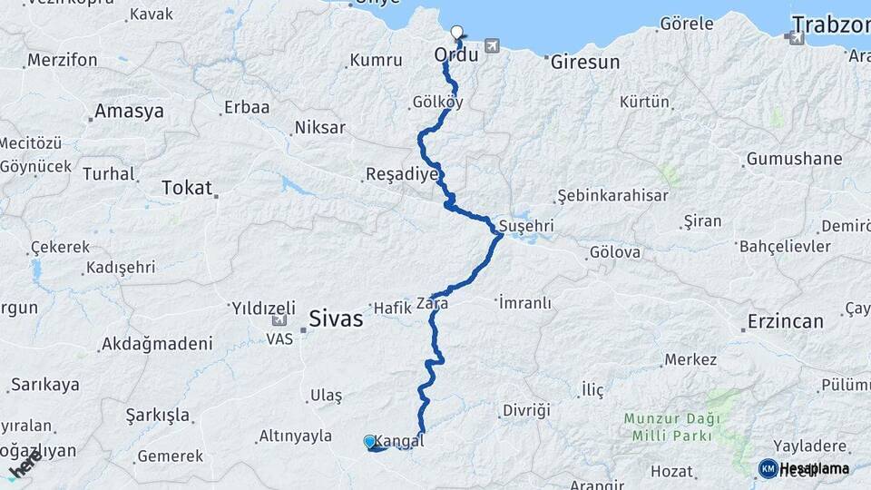 Sivas Kangal Ordu Arası Kaç Km - Yol Haritası