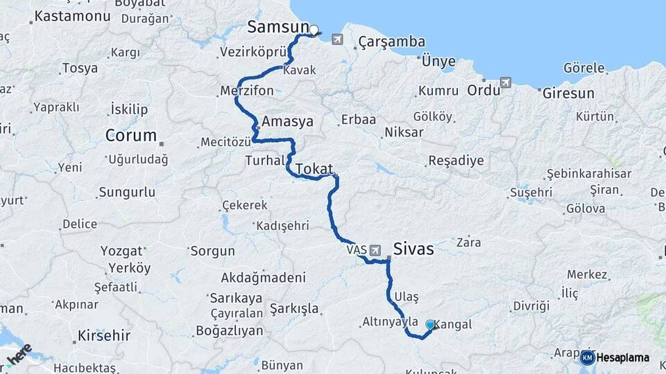 Sivas Kangal Samsun Arası Kaç Km - Yol Haritası