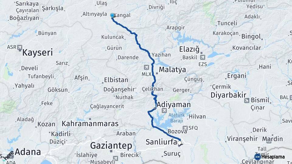 Sivas Kangal Şanlıurfa Arası Kaç Km - Yol Haritası
