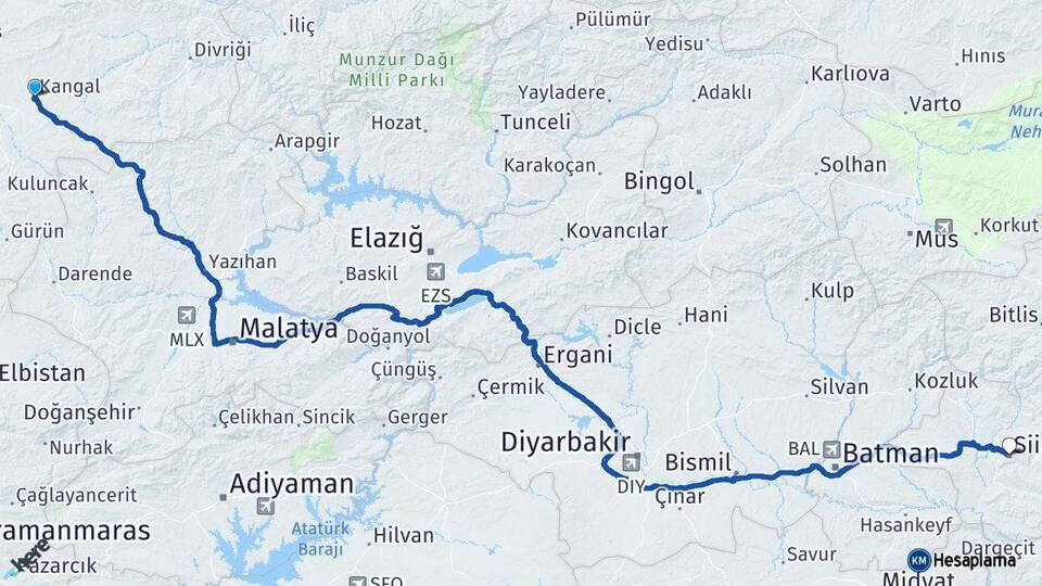 Sivas Kangal Siirt Arası Kaç Km - Yol Haritası