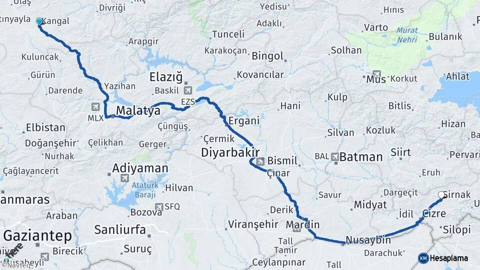 Sivas Kangal Şırnak Arası Kaç Km - Yol Haritası