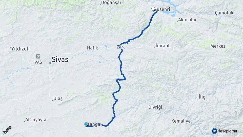 Sivas Kangal Suşehri Arası Kaç Km - Yol Haritası