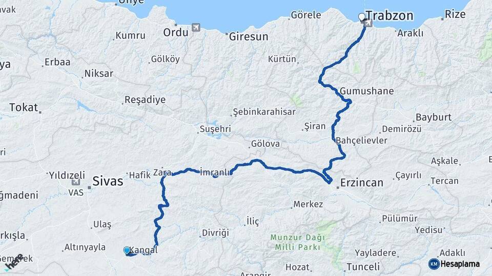 Sivas Kangal Trabzon Arası Kaç Km - Yol Haritası
