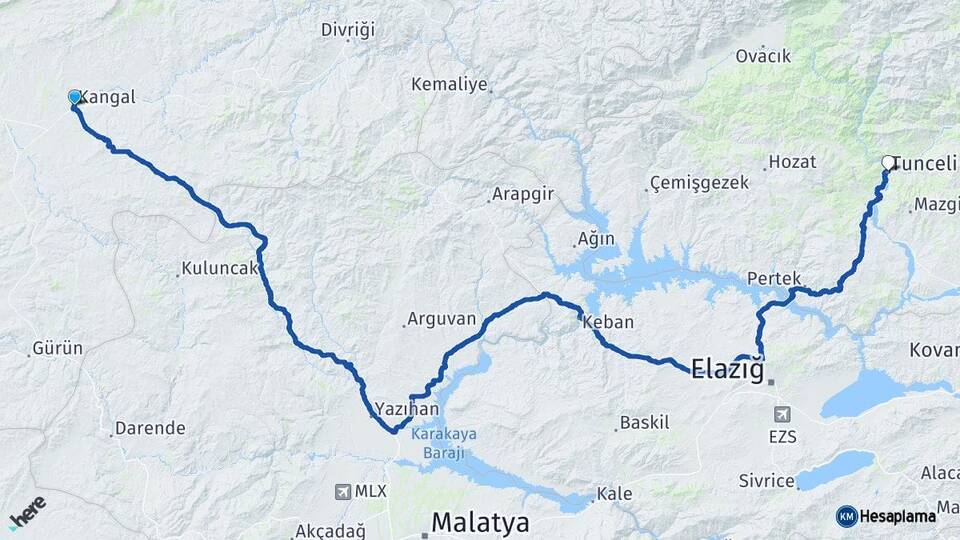 Sivas Kangal Tunceli Arası Kaç Km - Yol Haritası