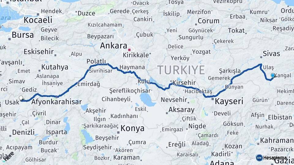 Sivas Kangal Uşak Arası Kaç Km - Yol Haritası