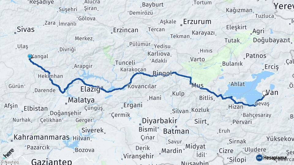 Sivas Kangal Van Arası Kaç Km - Yol Haritası