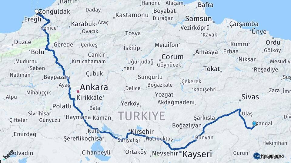 Sivas Kangal Zonguldak Arası Kaç Km - Yol Haritası