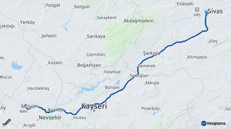 Sivas Kapadokya Havalimanı Arası Kaç Km - Yol Haritası