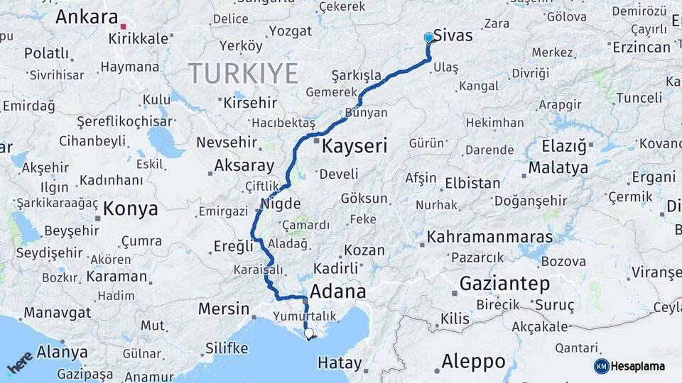 Sivas Karataş Adana Arası Kaç Km - Yol Haritası
