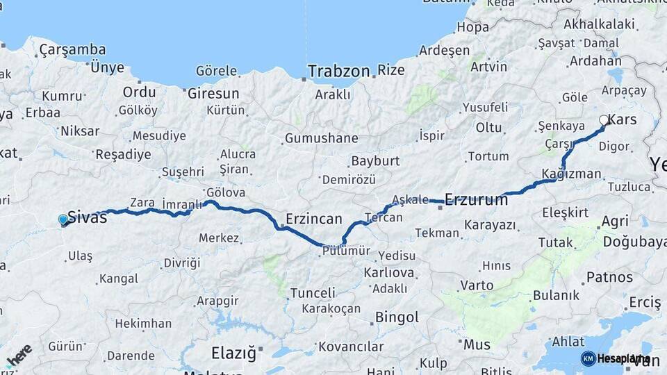 Sivas Kars Arası Kaç Km - Yol Haritası