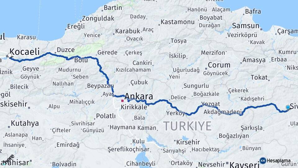 Sivas Kartepe Kocaeli Arası Kaç Km - Yol Haritası