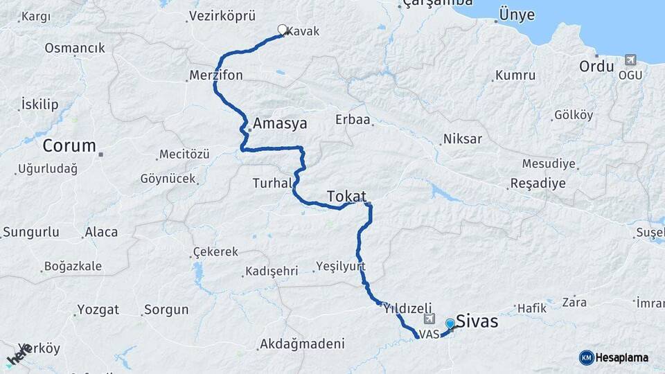 Sivas Kavak Samsun Arası Kaç Km - Yol Haritası