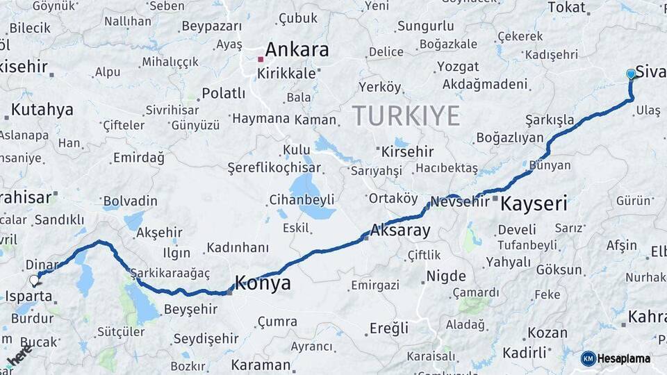 Sivas Keçiborlu Isparta Arası Kaç Km - Yol Haritası