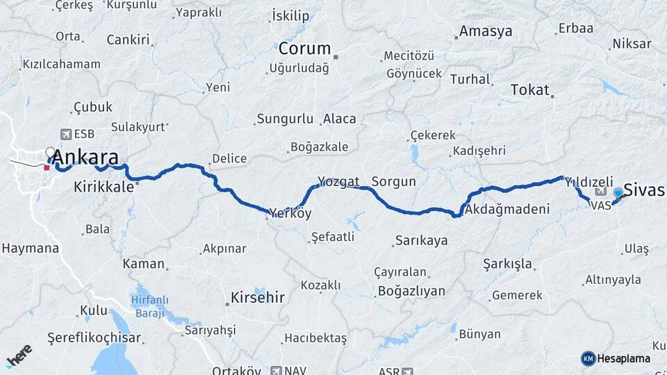 Sivas Keçiören Ankara Arası Kaç Km - Yol Haritası
