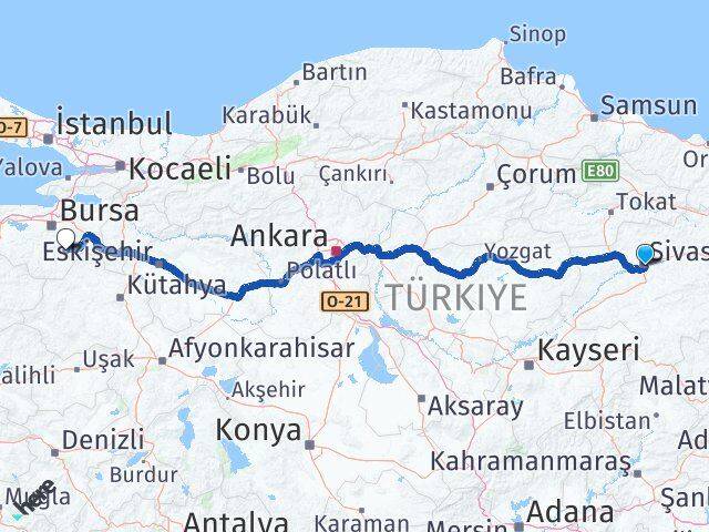 Sivas Keles Bursa Arası Kaç Km - Yol Haritası