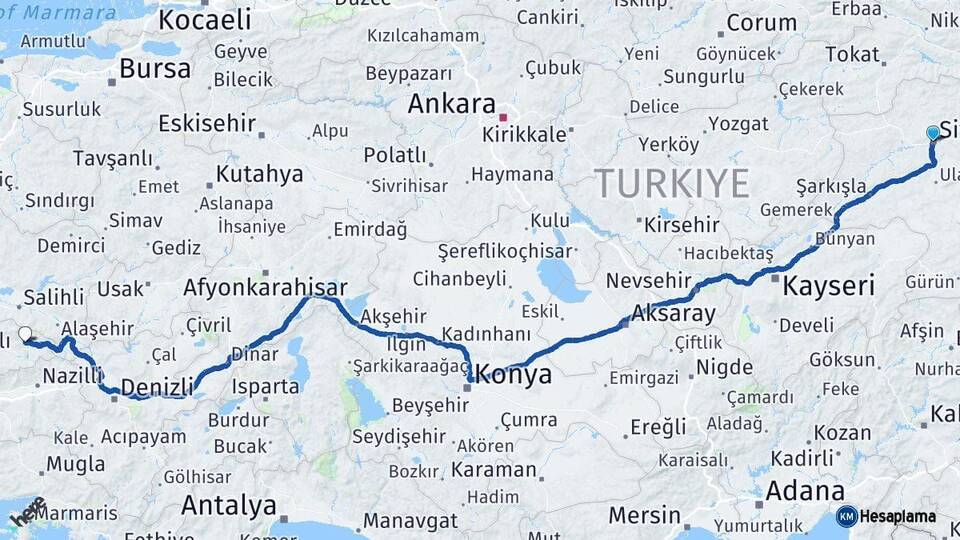 Sivas Kiraz İzmir Arası Kaç Km - Yol Haritası