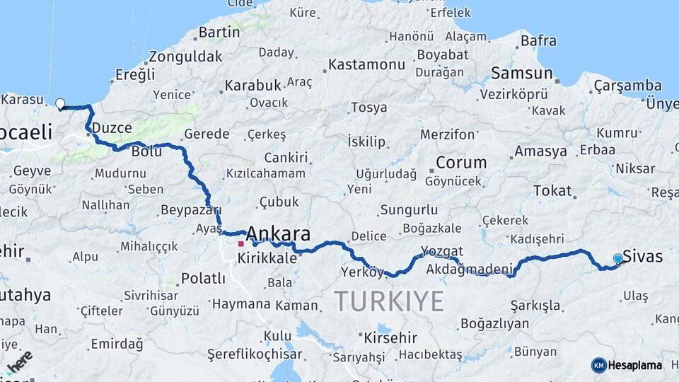 Sivas Kocaali Sakarya Arası Kaç Km - Yol Haritası