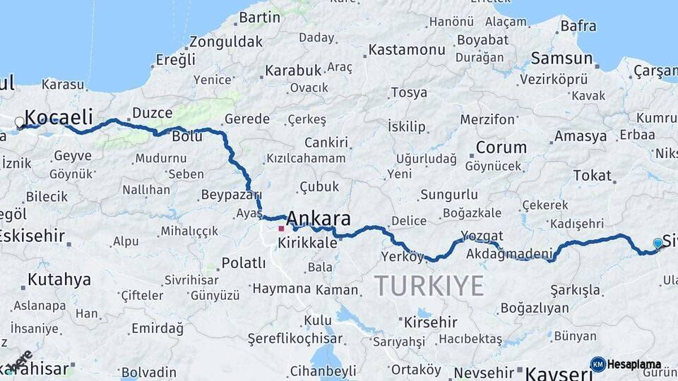 Sivas Kocaeli Arası Kaç Km - Yol Haritası